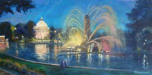 Painting, City landscape - A summer evening at VDNKh. Golden Ear Fountain