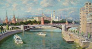 Painting, City landscape - View from the Patriarchal Bridge to the Kremlin