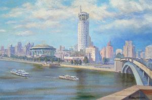 Painting, City landscape - Morning view of the Cosmodamian embankment and the House of Music