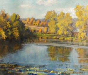 Painting, Landscape - A large pond in the Yasnaya Polyana estate