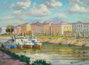 Painting, Realism - The embankment in Vologda