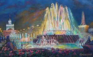 Painting, City landscape - A summer evening at VDNKh. Stone Flower Fountain