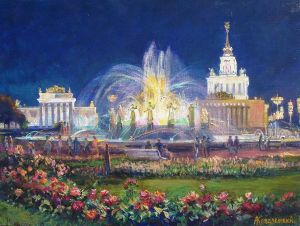 Painting, City landscape - A summer evening at VDNKh. Friendship of Peoples Fountain