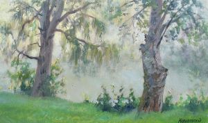 Painting, Landscape - Birches in the morning mist