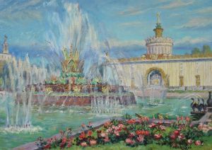 Painting, City landscape - VDNKH. Stone Flower Fountain