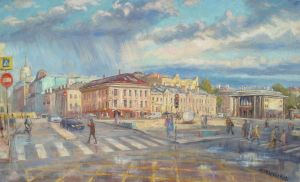 Painting, City landscape - View from the Chistye Prudy metro station