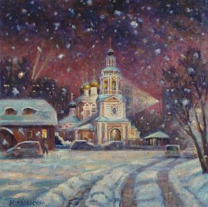 Painting, City landscape - Christmas Eve at the Church of the Nativity in Izmailovo