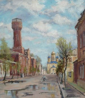 Painting, City landscape - Yelets. Fire tower