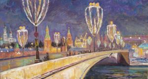Painting, Oil - Bolshoy Moskvoretsky Bridge during the New Year holidays