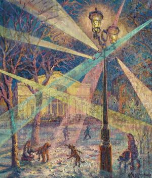 Painting, City landscape - Winter evening on Chistye Prudy