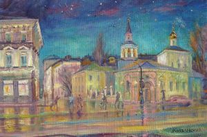 Painting, City landscape - Evening in Moscow. Sretensky Boulevard