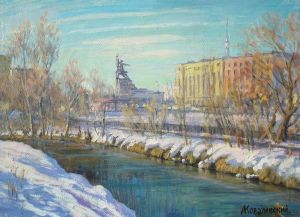 Painting, City landscape - Rostokino. View across the Yauza