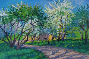 Painting, Landscape - In the spring garden of the noble manor