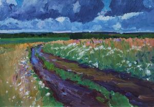 Painting, Landscape - Rains. The road through the fields