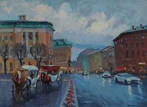 Painting, City landscape - It rains in St. Petersburg