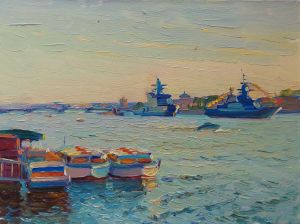 Painting, City landscape - Evening Neva. July