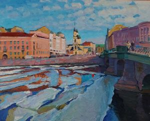 Painting, City landscape - Early spring on the Fontanka River near the Belinsky Bridge