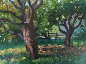 Painting, Impressionism - Old apple trees in the garden