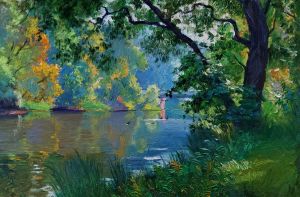 Painting, Landscape - Quiet river in September