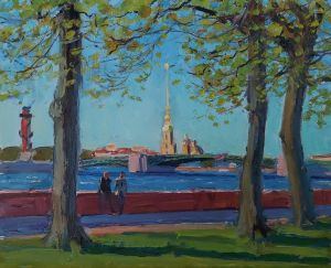 Painting, City landscape -  A spring study on Admiralteyskaya Embankment