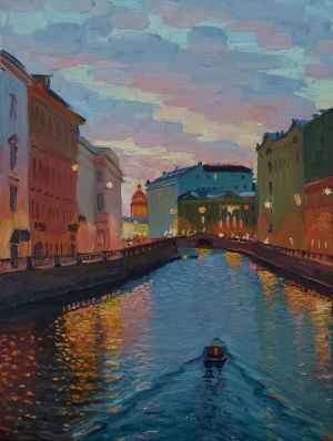 Painting, City landscape - Evening in St. Petersburg