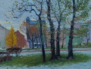 Painting, City landscape - The first snow fell