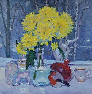 Painting, Still life - Chrysanthemums and porcelain