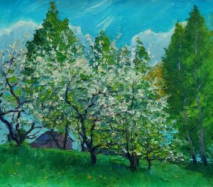 Painting, Landscape - A spring day in the garden of blooming plums