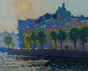 Painting, City landscape - The evening sun. Houses on the Moika embankment