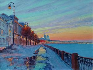 Painting, City landscape - February evening in St. Petersburg