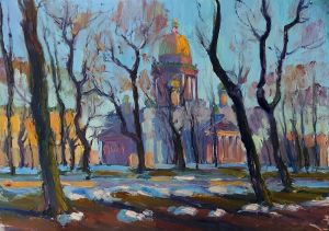 Painting, City landscape - Early spring in the Alexander Garden of St. Petersburg