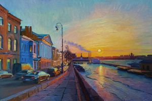 Painting, City landscape - Evening on the English embankment of St. Petersburg