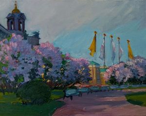 Painting, City landscape - Lilacs are blooming in the city