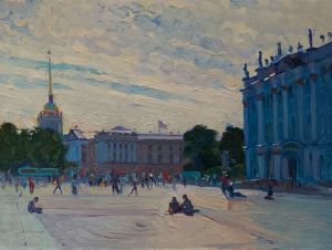 Painting, City landscape - In summer on the Palace Square