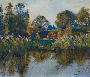 Painting, Landscape - October. By an overgrown pond on a sunny morning