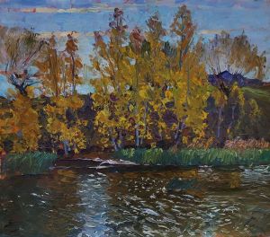 Painting, Landscape - Golden autumn. Birches by the water