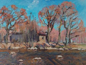 Painting, Landscape - Old oaks on the shore