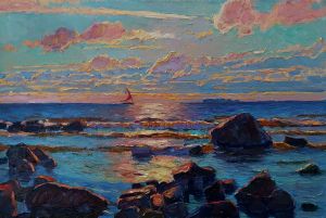 Painting, Seascape - Summer sunset on the shore of the Gulf of Finland