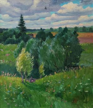 Painting, Landscape - Summer landscape in the village