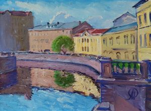 Painting, City landscape - May. Sunny day on the Griboyedov Canal