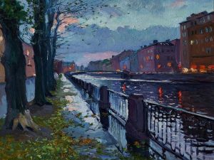 Painting, Impressionism - Evening in Kolomna district after autumn rain