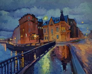 Painting, Impressionism - Evening in the city after the rain