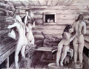 Graphics, Genre drawing - Russian Bathhouse. Triptych. Fragment 1.