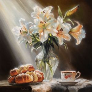 Painting, Still life - Breakfast with a bouquet of white lilies