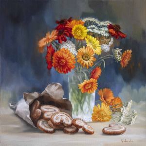 Painting, Still life - Summer Still Life with a bouquet of calendula and cookies