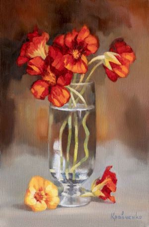 Painting, Still life - Still Life with red nasturtiums