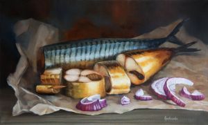 Painting, Still life - Still life with mackerel