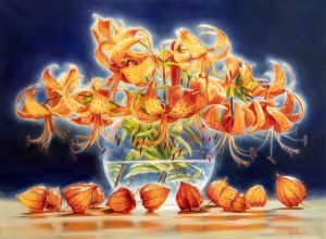 Painting, Still life - Sunny Still Life with Lilies and Physalis