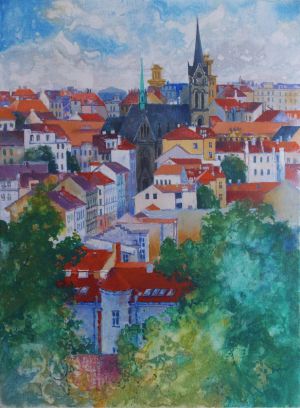 Painting, City landscape - Vid-na-Pragu-iz-Vitkov-parka