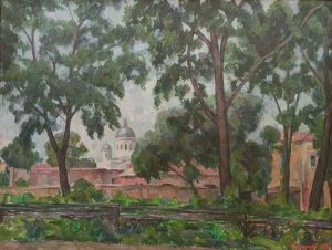 Painting, Landscape - Landscape with a cathedral. Chistopol